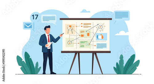 Businessman presenting on whiteboard chart.