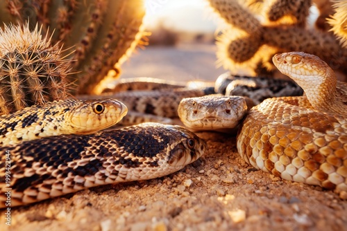 Snakes Resting on Sandy Ground Near Cacti in a Desert Environment During Brig...