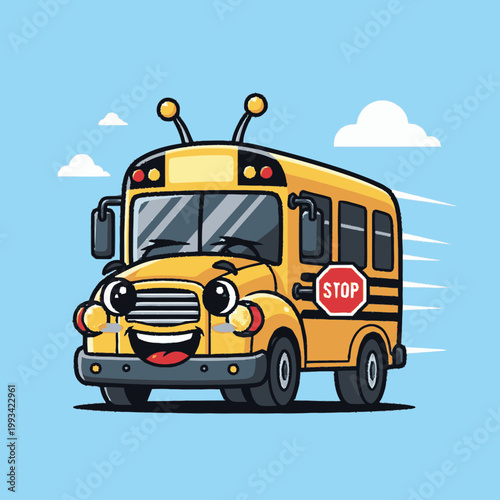 Cute Cartoon School Bus Character Driving Fast.