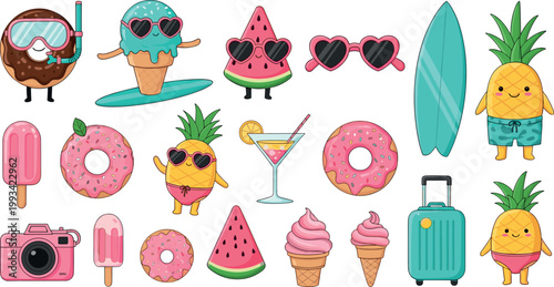 Cute summer icons set with fruits desserts sunglasses surfboard camera and tropical elements colorful cartoon vector illustration collection