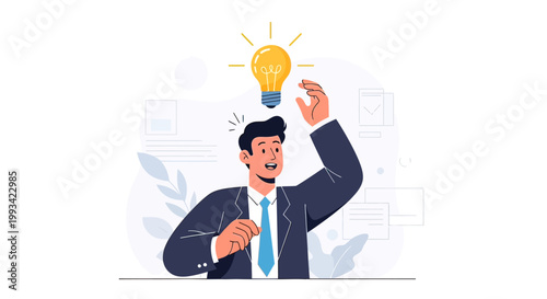 Businessman with Idea Light Bulb Above.