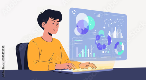 Businessman working on computer analysis.