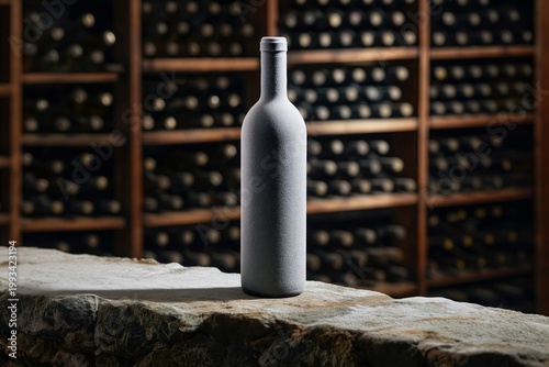 Glass Bottle Stands on a Stone Shelf in a Wine Cellar With Wooden Racks in th...