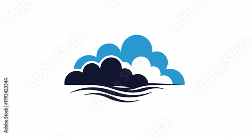 Stylized dark and light blue clouds hover over wavy water lines
