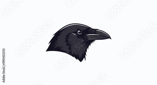 Stylized dark bird head with sharp beak and piercing eye against white background