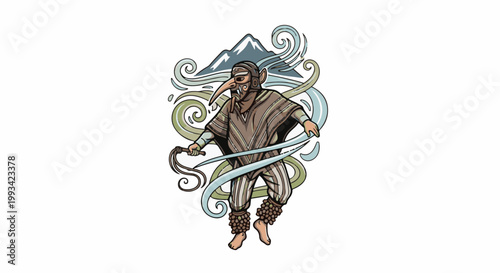 Stylized dancer in a mask and patterned outfit, holding a whip, with swirling elements