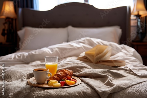 Breakfast on a Tray With Fruit and Coffee on a Bed With a Book in a Cozy Room
