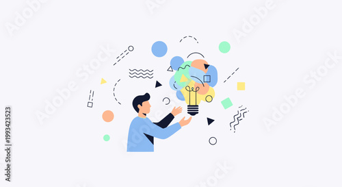 Man holding light bulb with ideas.