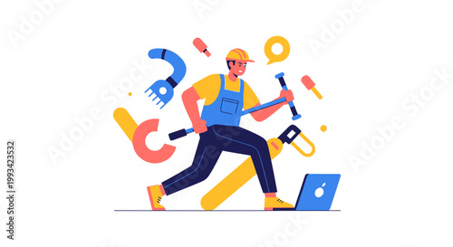 Man in overalls holding tools running.