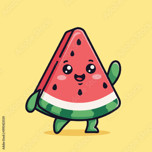 Cute Cartoon Watermelon Slice Waving Hello.