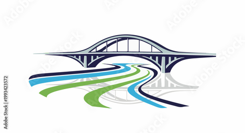Stylized bridge arches over a winding river with colorful flowing lanes and a reflected silhouette