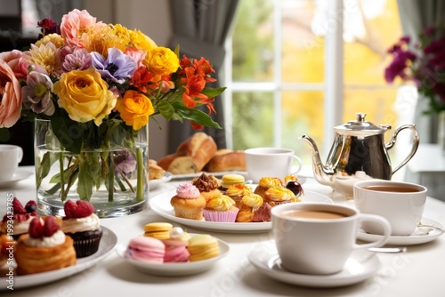 Enjoying Pastries and Tea During a Gathering With Flowers on the Table Near a...