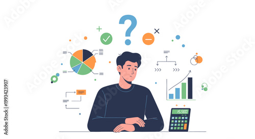 Man with Calculator and Question Mark.