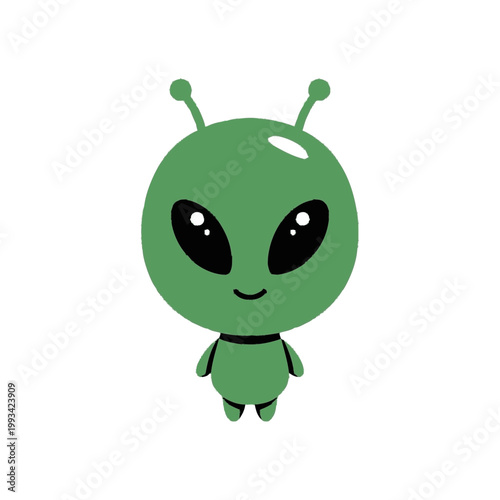 Cute Green Alien Character with Big Eyes and Antennae.