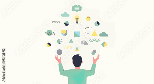 Man with creative ideas floating above head.