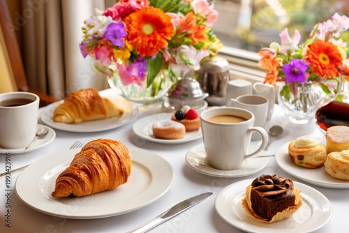 Festive Gathering With Desserts and Drinks on a Table Surrounded by Flowers a...