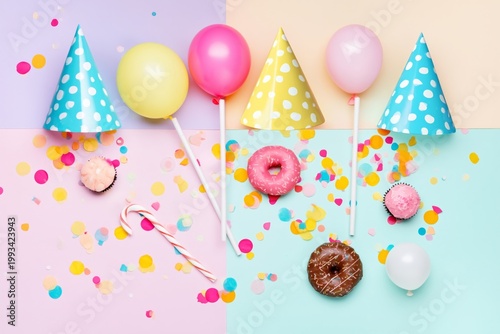 Colorful Party Supplies on a Bright Background With Balloons and Candy Scatte...