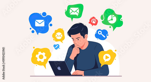 Man working on laptop computer thinking.