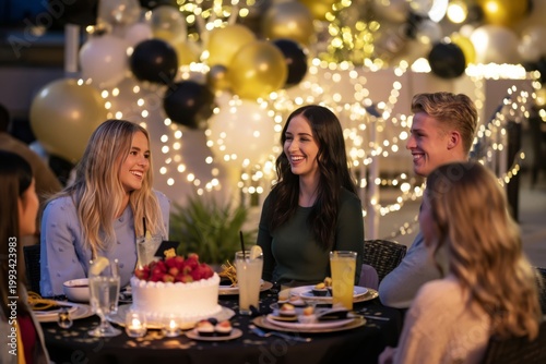 Friends Celebrate at a Party With Food and Drinks Under String Lights at Night