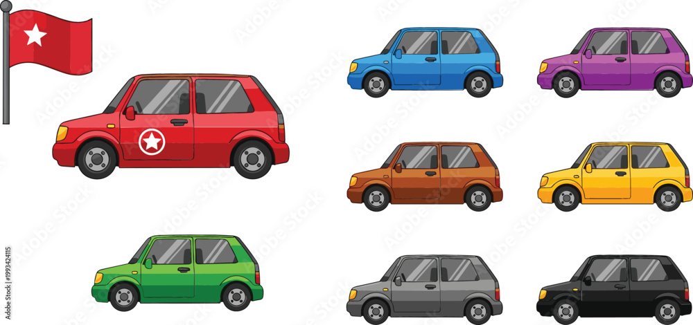 Naklejka premium Colorful cartoon car collection with different vehicle colors and flag icon, compact city transport illustration set isolated for design and transportation concepts