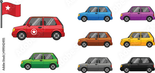 Colorful cartoon car collection with different vehicle colors and flag icon, compact city transport illustration set isolated for design and transportation concepts
