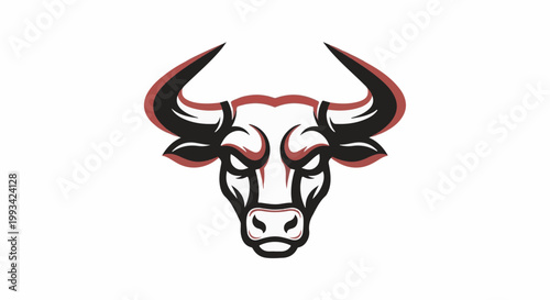 Stylized bull head with black horns, red outline, and dark eyes, on white background