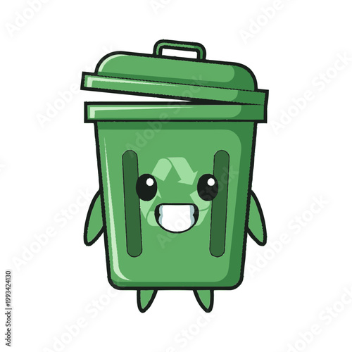 Cute Green Recycling Bin Character with Happy Face.