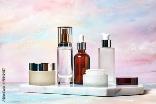 Collection of Skincare Products on a Marble Surface With Soft Background