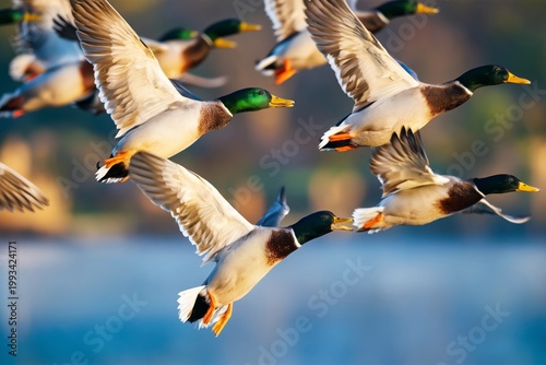 Ducks Flying Over a Water Body During Sunset Near a Natural Landscape