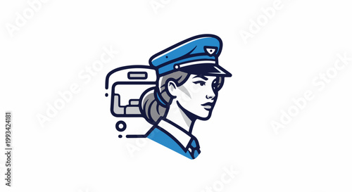 Stylized illustration of a woman in a train conductor's hat next to a train car