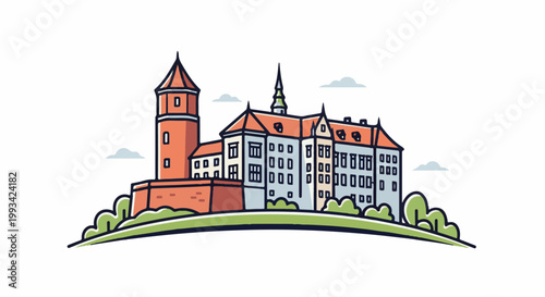 Stylized depiction of a medieval castle structure with a tall tower, situated on a green hill, under a white sky with clouds