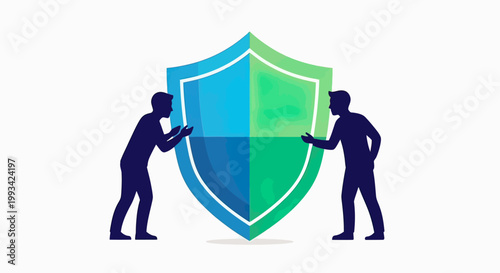 Two Men Holding Large Shield Together.