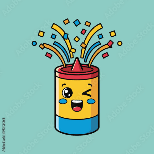 Cute Kawaii Confetti Popper Character Celebrating.