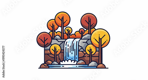 Stylized depiction of a waterfall cascading over rocks surrounded by autumnal trees and foliage