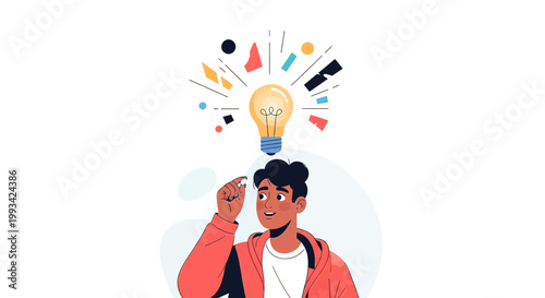 Young man with a light bulb idea.