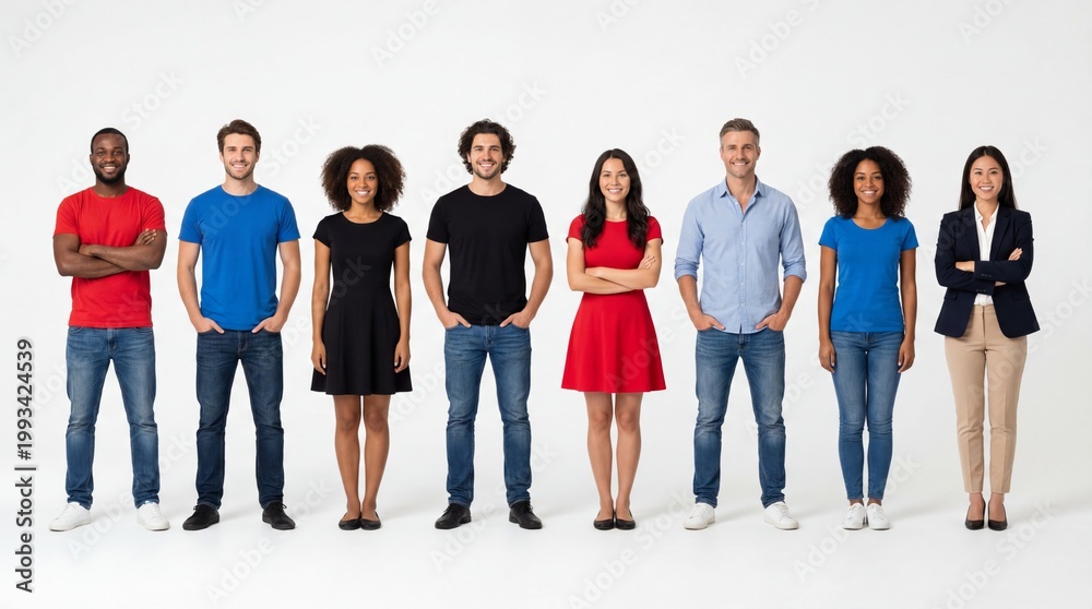 Fototapeta premium Diverse group of people standing in a row on white background, multiethnic men and women, community and equality
