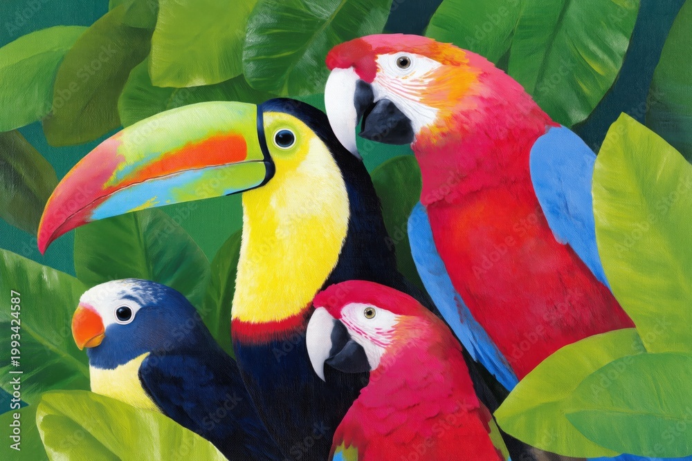 Fototapeta premium Colorful Birds Gather in a Lush Green Tropical Setting During Daylight Hours