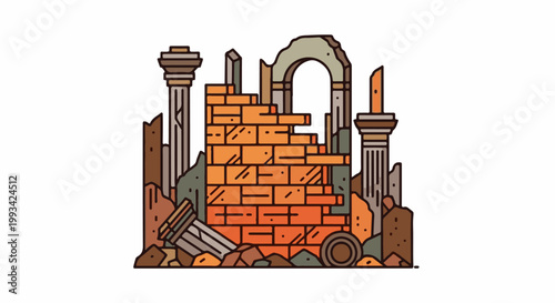 Stylized illustration of crumbling ancient architectural ruins with columns
