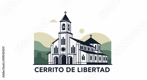 Stylized church with bell tower against layered hills and sun