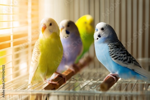 Colorful Budgerigars in a Cage During Afternoon Light in a Pet Shop Setting