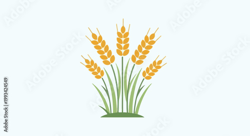 Stylized illustration of five golden wheat stalks with green stems on a light background