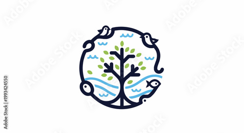 Stylized circular emblem features a dark tree with green leaves, framed by blue waves, birds, and a fish