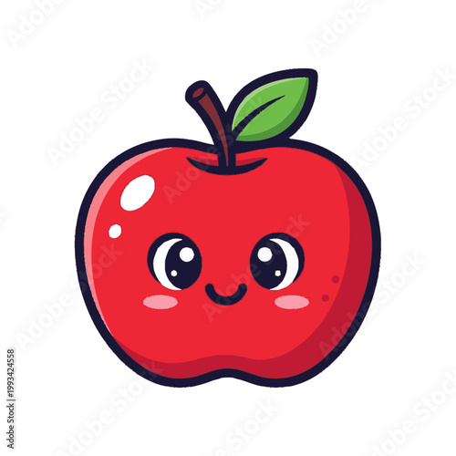 Cute Kawaii Red Apple Character with Happy Face.