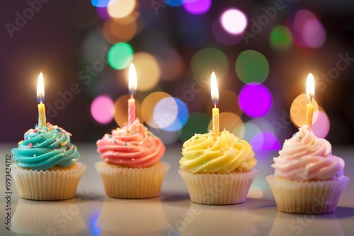 Celebration With Colorful Cupcakes and Lit Candles at a Party