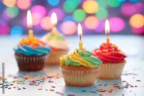 Celebration With Colorful Cupcakes and Lit Candles at a Party