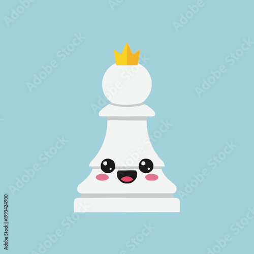 Cute White Chess Pawn Character with Golden Crown.