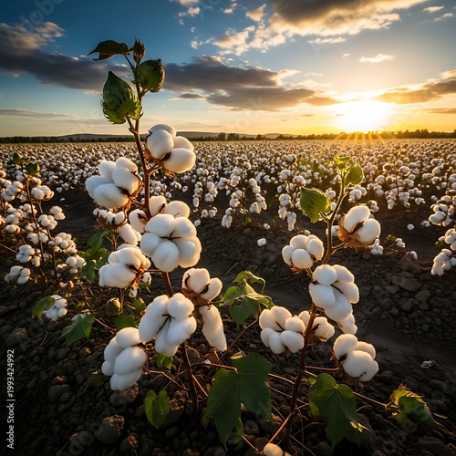 Cotton field at sunset with green leaves and white fluffy bolls