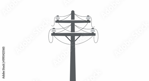 Silhouette of a dark gray utility pole with wires and insulators against a white background