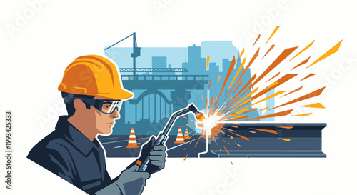 Skilled worker welding metal with sparks flying, industrial city skyline backdrop