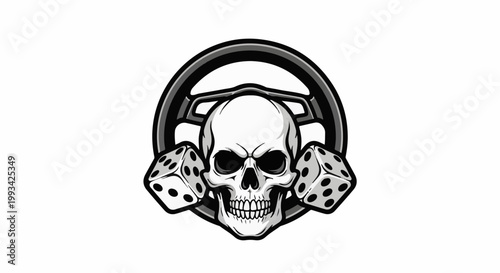 Skull, dice, and steering wheel graphic